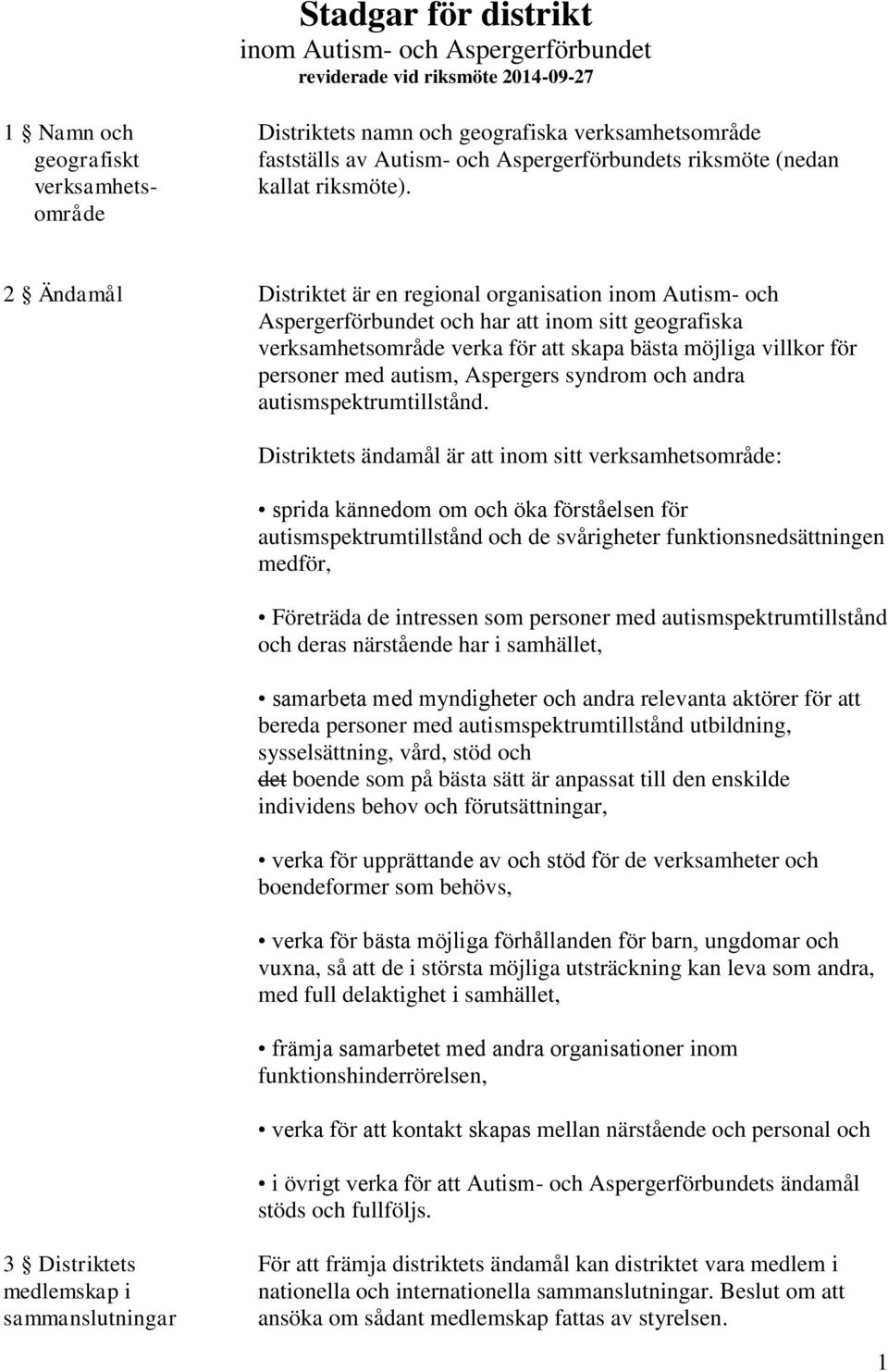 område 2 Ändamål Distriktet är en regional organisation inom Autism- och Aspergerförbundet och har att inom sitt geografiska verksamhetsområde verka för att skapa bästa möjliga villkor för personer