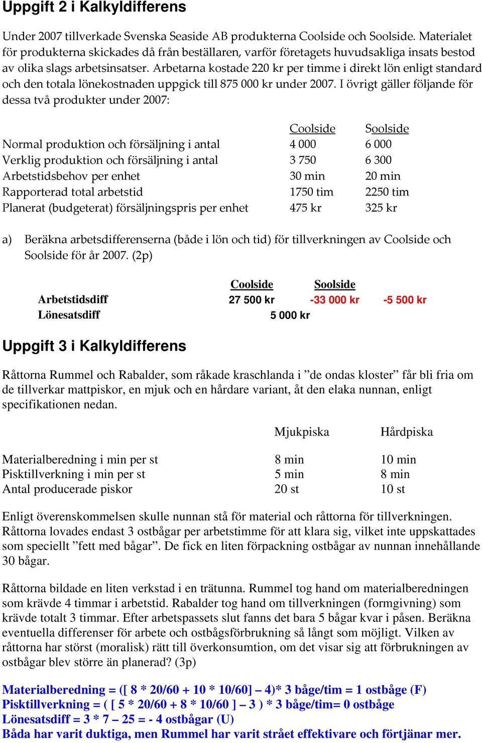 Arbetarna kostade 220 kr per timme i direkt lön enligt standard och den totala lönekostnaden uppgick till 875 000 kr under 2007.