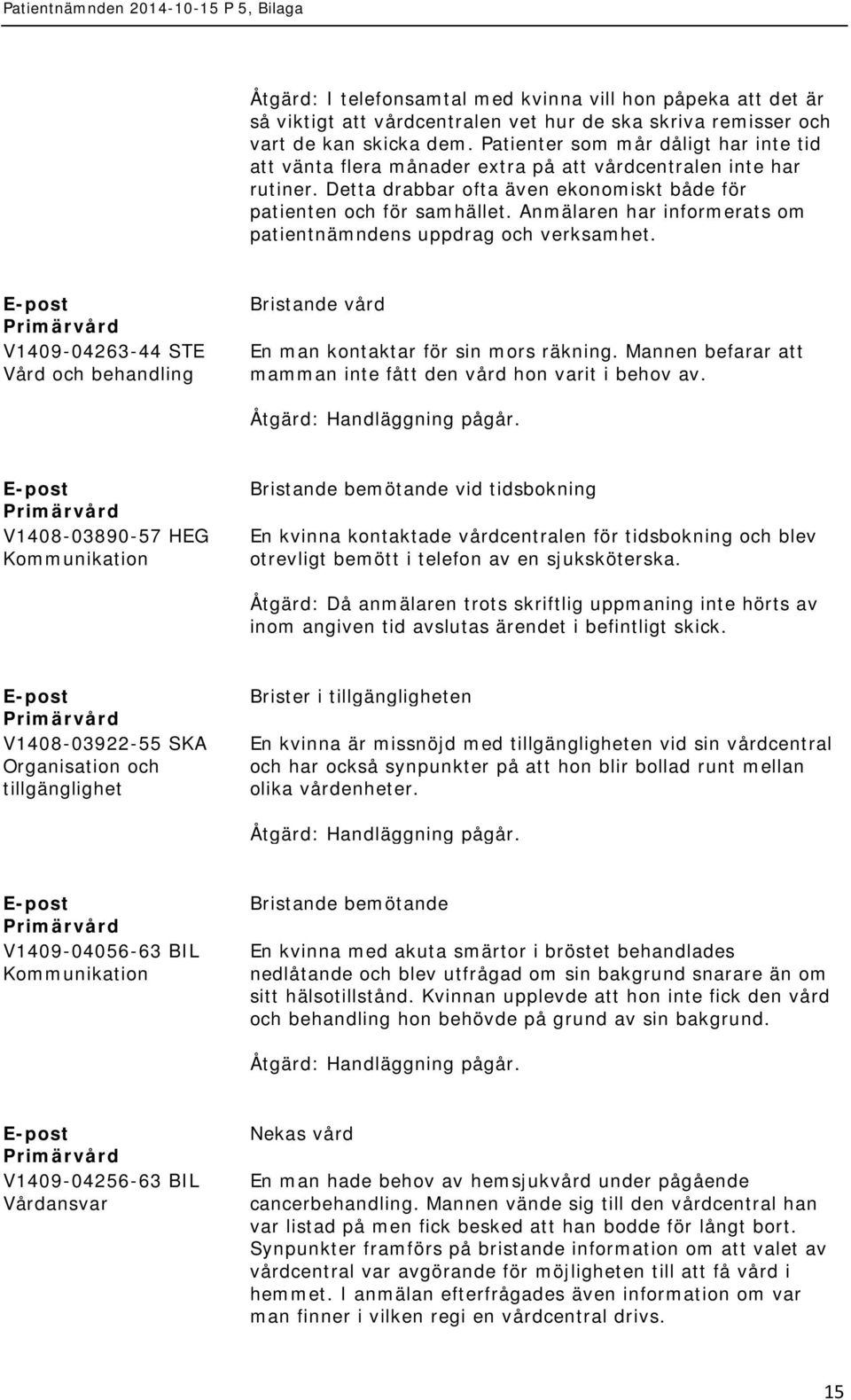 Anmälaren har informerats om patientnämndens uppdrag och verksamhet. V1409-04263-44 STE Bristande vård En man kontaktar för sin mors räkning.