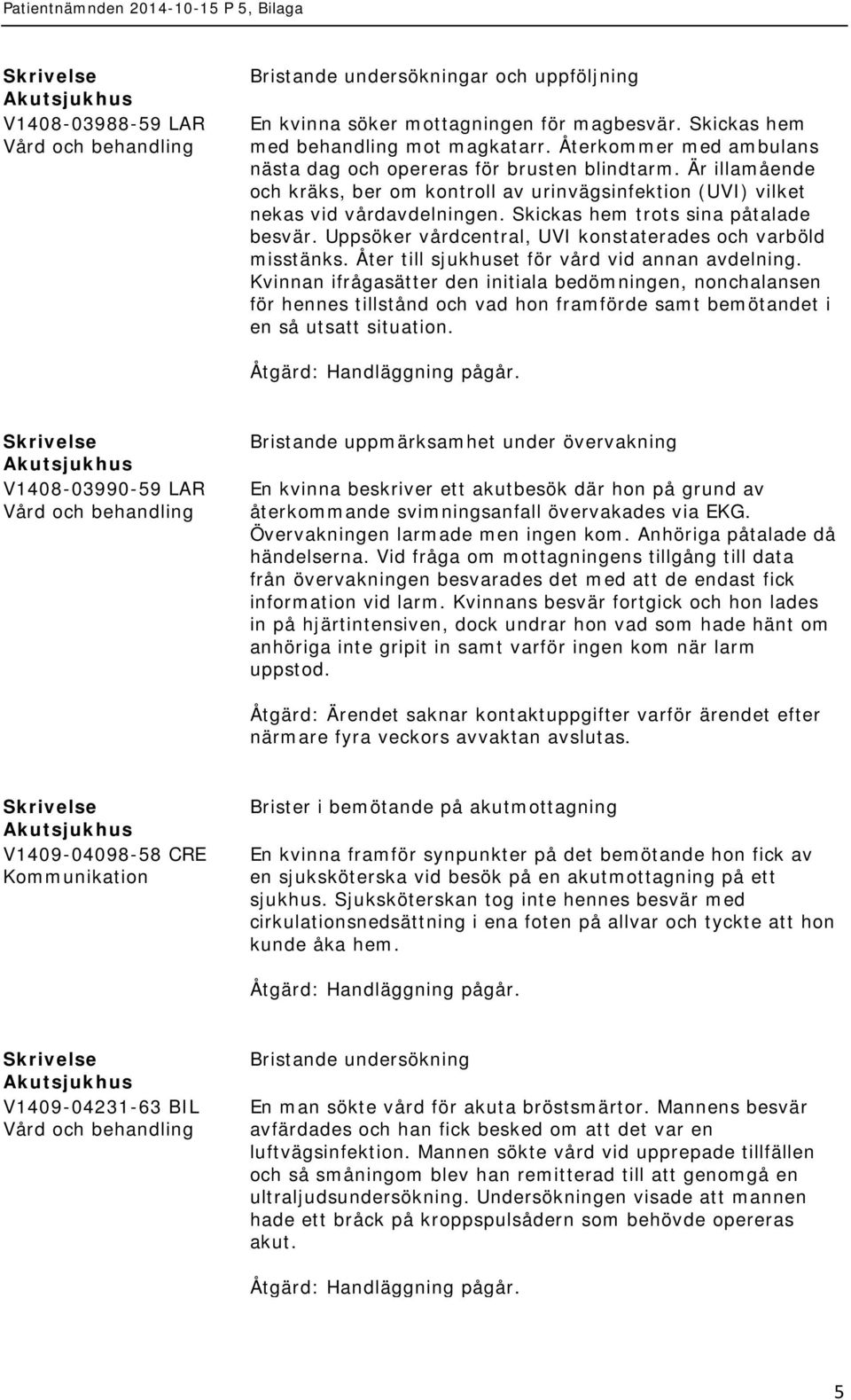 Skickas hem trots sina påtalade besvär. Uppsöker vårdcentral, UVI konstaterades och varböld misstänks. Åter till sjukhuset för vård vid annan avdelning.