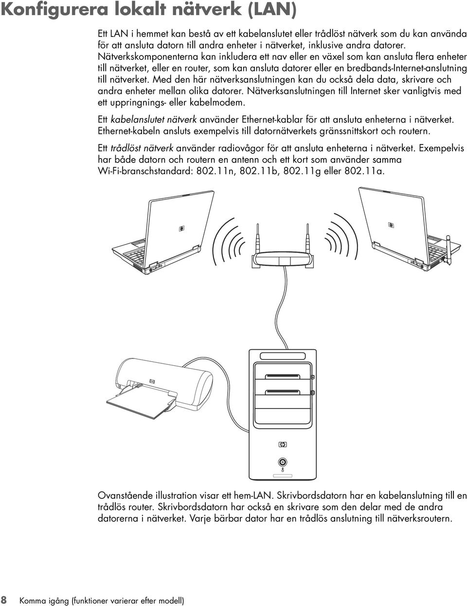 Nätverkskomponenterna kan inkludera ett nav eller en växel som kan ansluta flera enheter till nätverket, eller en router, som kan ansluta datorer eller en bredbands-internet-anslutning till nätverket.