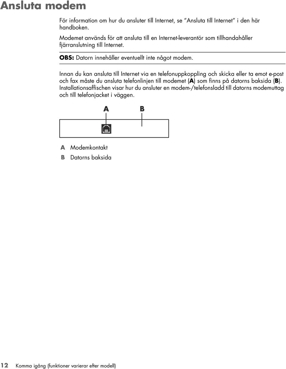 Innan du kan ansluta till Internet via en telefonuppkoppling och skicka eller ta emot e-post och fax måste du ansluta telefonlinjen till modemet (A) som finns på