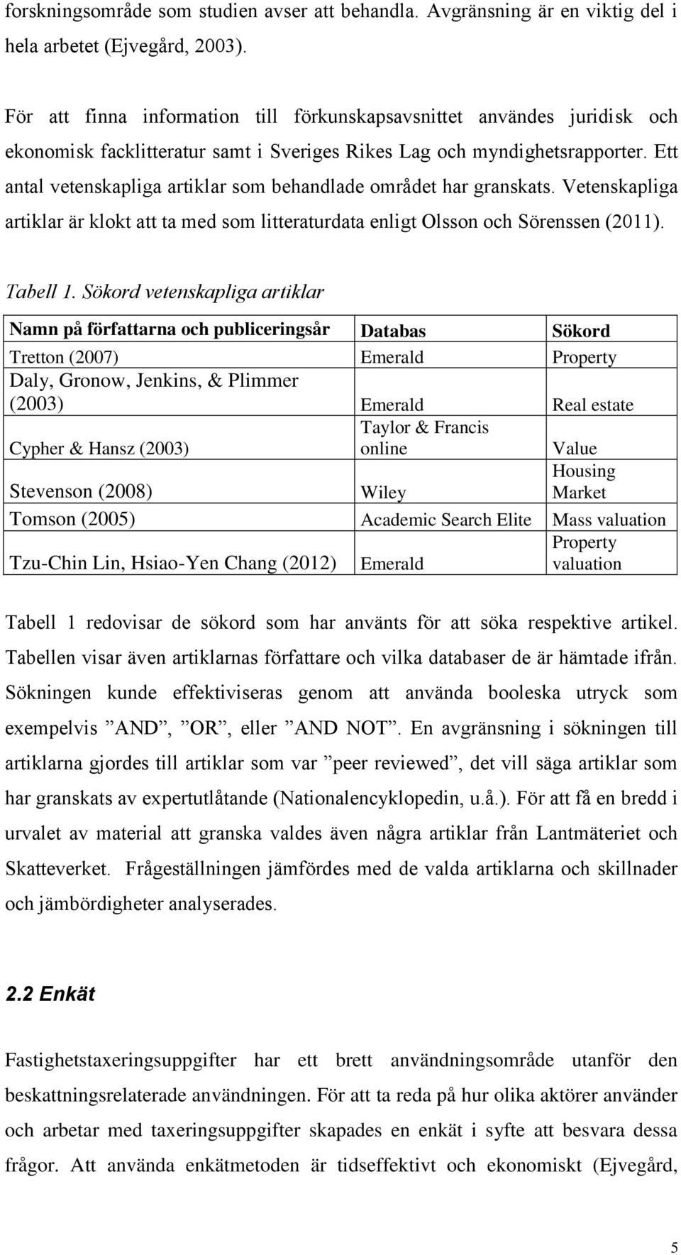 Ett antal vetenskapliga artiklar som behandlade området har granskats. Vetenskapliga artiklar är klokt att ta med som litteraturdata enligt Olsson och Sörenssen (2011). Tabell 1.