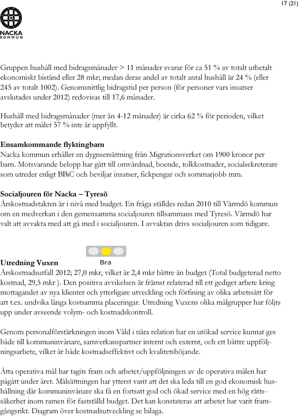 Hushåll med bidragsmånader (mer än 4-12 månader) är cirka 62 % för perioden, vilket betyder att målet 57 % inte är uppfyllt.