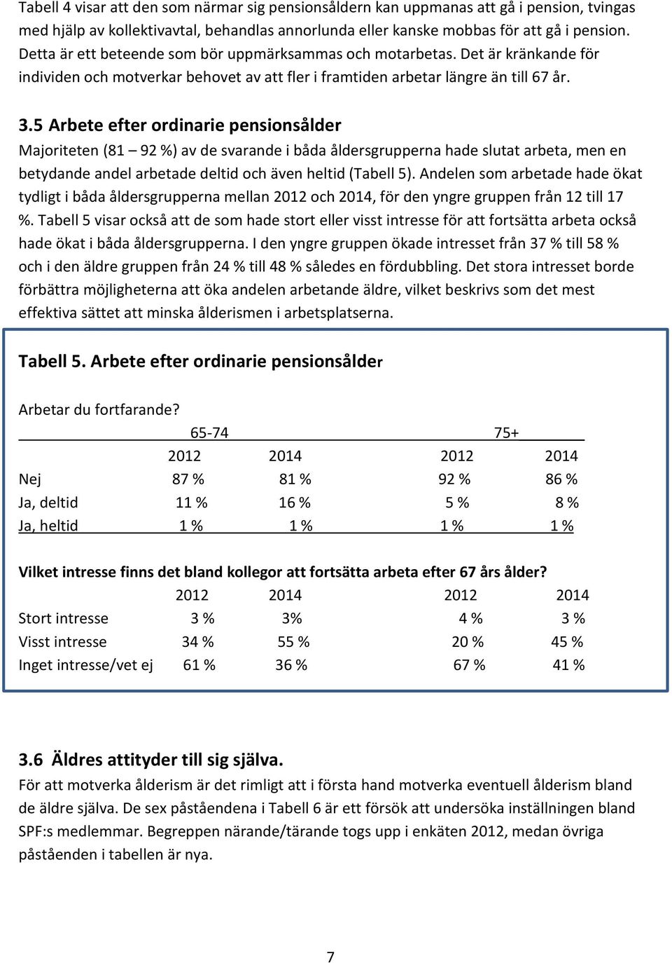 5 Arbete efter ordinarie pensionsålder Majoriteten (81 92 %) av de svarande i båda åldersgrupperna hade slutat arbeta, men en betydande andel arbetade deltid och även heltid (Tabell 5).