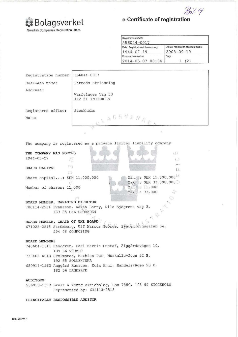 Stockholm The company is registered as a private limited liability company THE COMPANY WAS FORMED 1944-06-27 SHARE CAPITAL Share capital...: SEK 11,000,000 Number of shares: 14000 Kl. Min.