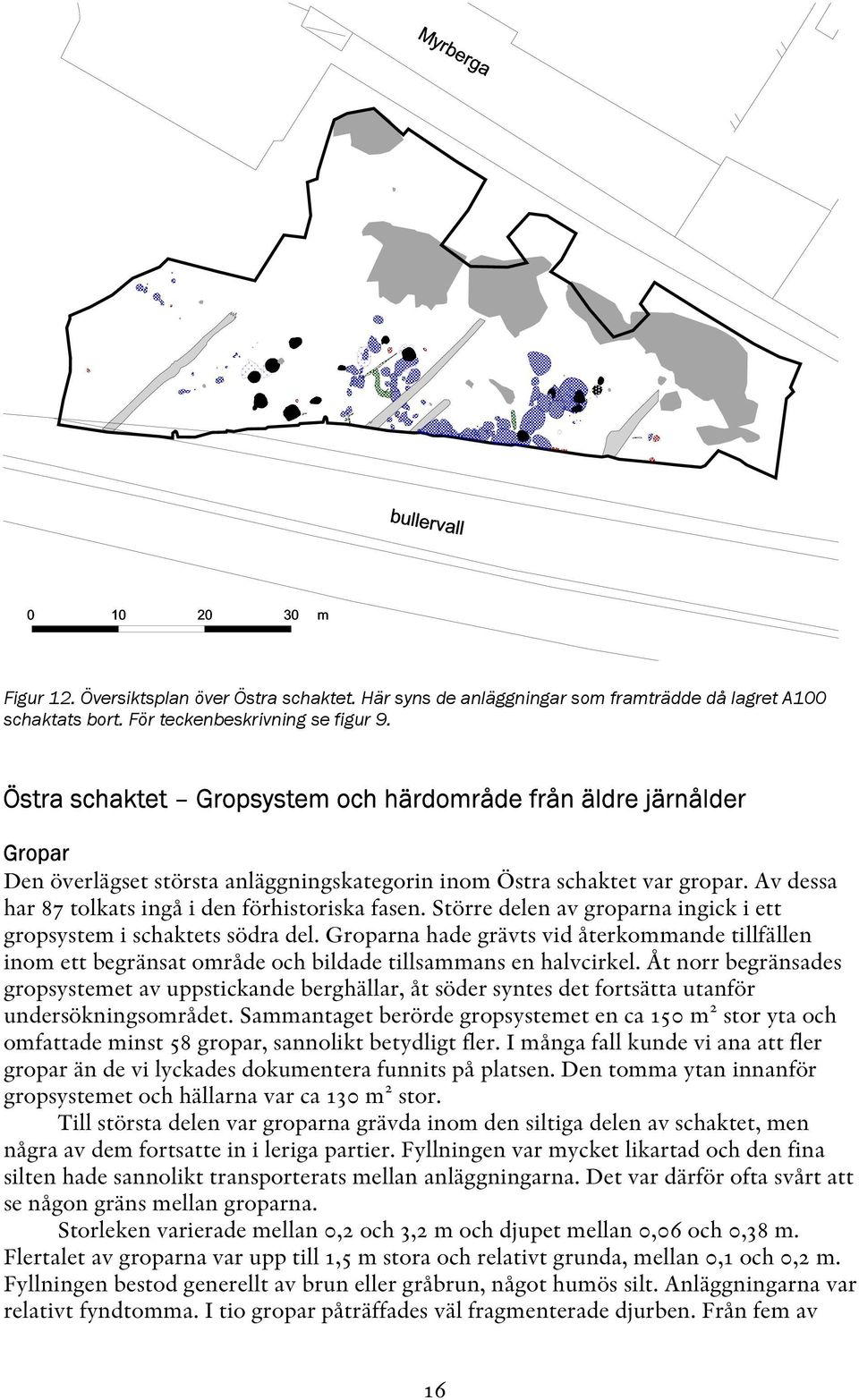 Större delen av groparna ingick i ett gropsystem i schaktets södra del. Groparna hade grävts vid återkommande tillfällen inom ett begränsat område och bildade tillsammans en halvcirkel.