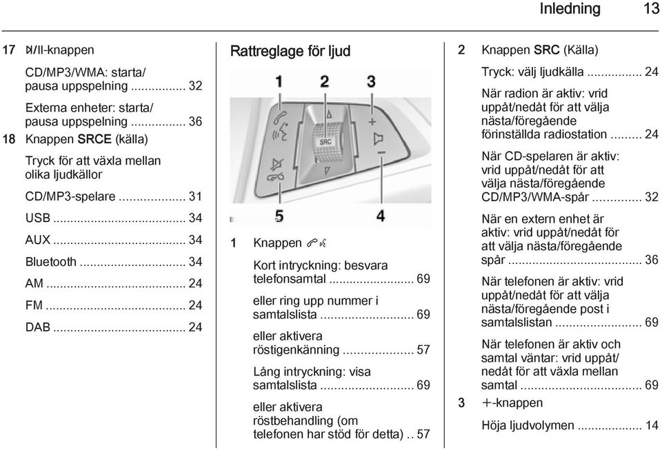 .. 69 eller aktivera röstigenkänning... 57 Lång intryckning: visa samtalslista... 69 eller aktivera röstbehandling (om telefonen har stöd för detta)..57 2 Knappen SRC (Källa) Tryck: välj ljudkälla.