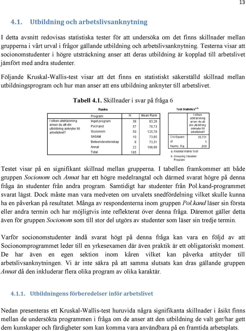 Följande Kruskal-Wallis-test visar att det finns en statistiskt säkerställd skillnad mellan utbildningsprogram och hur man anser att ens utbildning anknyter till arbetslivet. Tabell 4.1.