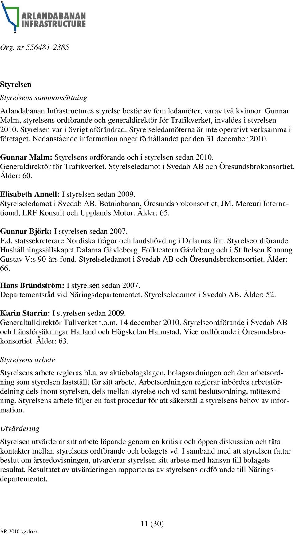 Nedanstående information anger förhållandet per den 31 december 2010. Gunnar Malm: Styrelsens ordförande och i styrelsen sedan 2010. Generaldirektör för Trafikverket.