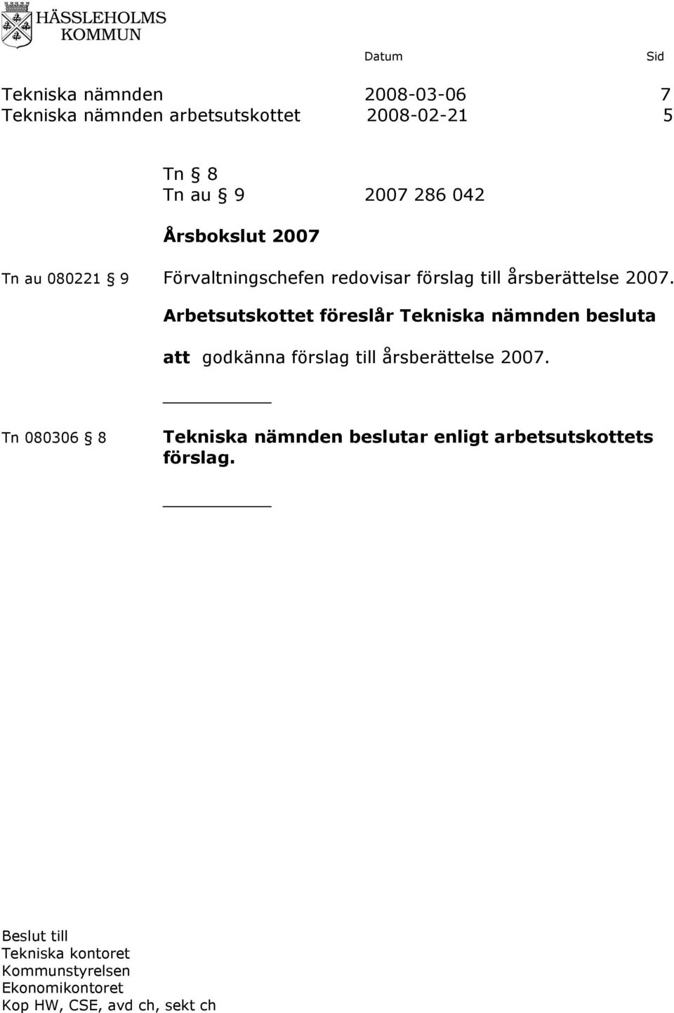 Arbetsutskottet föreslår Tekniska nämnden besluta att godkänna förslag till årsberättelse 2007.