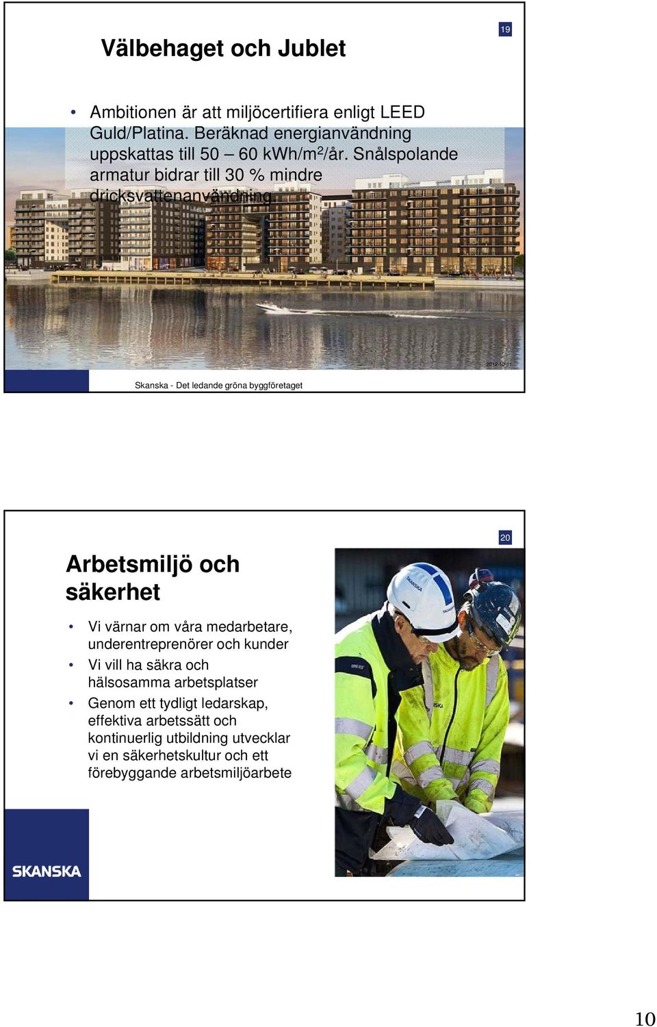 2012-10-11 Skanska - Det ledande gröna byggföretaget Arbetsmiljö och säkerhet 20 Vi värnar om våra medarbetare, underentreprenörer och