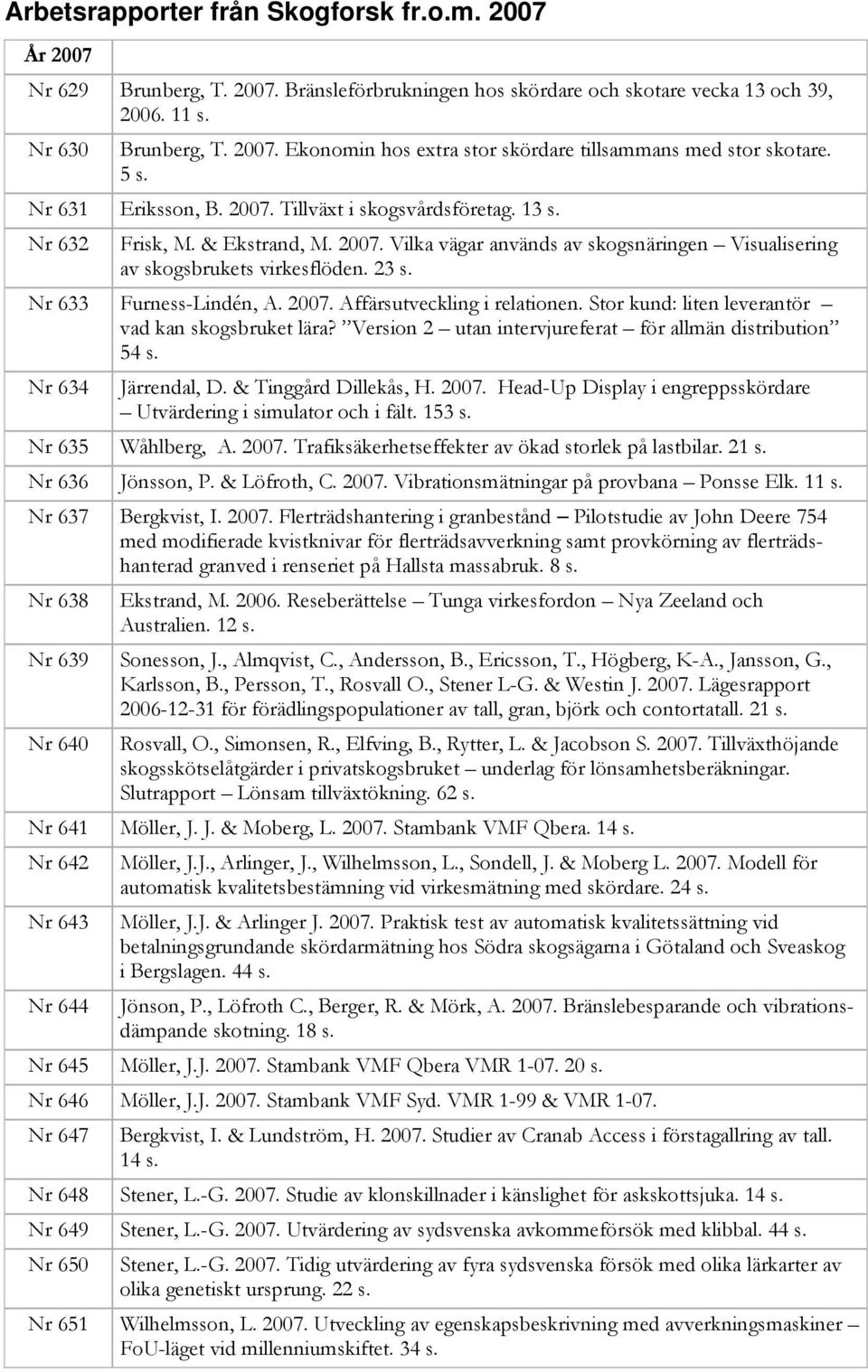 Nr 633 Furness-Lindén, A. 2007. Affärsutveckling i relationen. Stor kund: liten leverantör vad kan skogsbruket lära? Version 2 utan intervjureferat för allmän distribution 54 s. Nr 634 Järrendal, D.