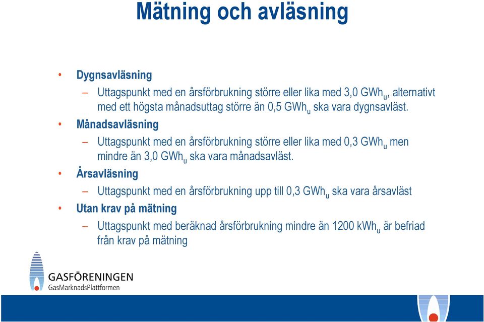 Månadsavläsning Uttagspunkt med en årsförbrukning större eller lika med 0,3 GWh u men mindre än 3,0 GWh u ska vara månadsavläst.