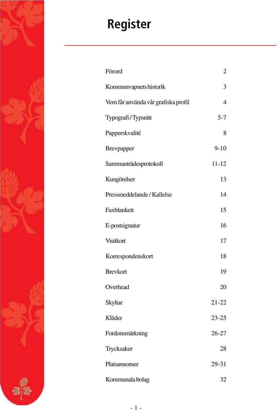 Kallelse 14 Faxblankett 15 E-postsignatur 16 Visitkort 17 Korrespondenskort 18 Brevkort 19 Overhead