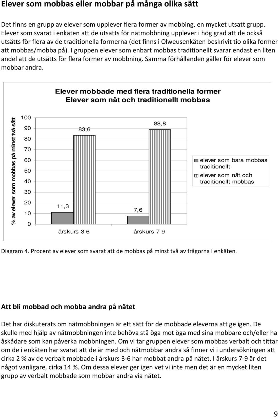 mobbas/mobba på). I gruppen elever som enbart mobbas traditionellt svarar endast en liten andel att de utsätts för flera former av mobbning. Samma förhållanden gäller för elever som mobbar andra.