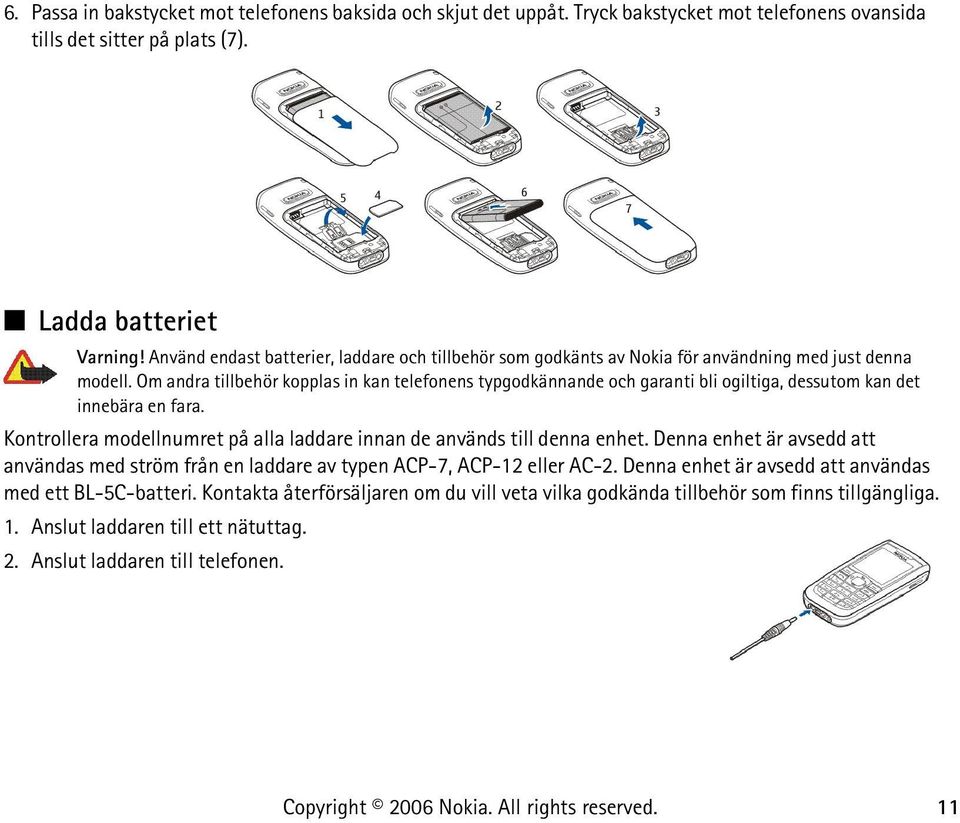 Om andra tillbehör kopplas in kan telefonens typgodkännande och garanti bli ogiltiga, dessutom kan det innebära en fara. Kontrollera modellnumret på alla laddare innan de används till denna enhet.