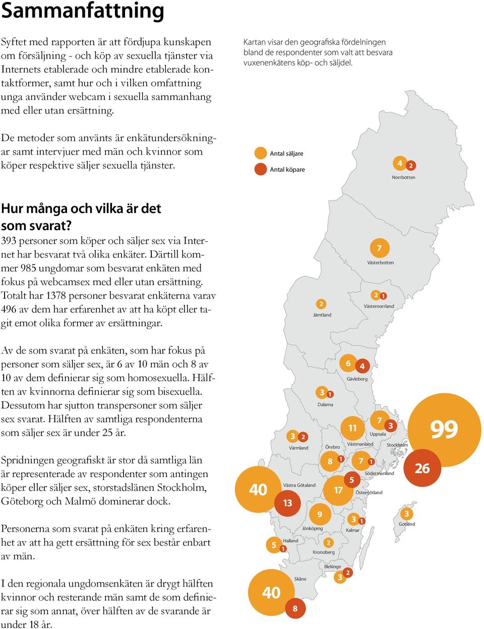 De metoder som använts är enkätundersökningar samt intervjuer med män och kvinnor som köper respektive säljer sexuella tjänster.