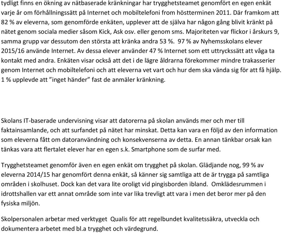 Majoriteten var flickor i årskurs 9, samma grupp var dessutom den största att kränka andra 53 %. 97 % av Nyhemsskolans elever 2015/16 använde Internet.