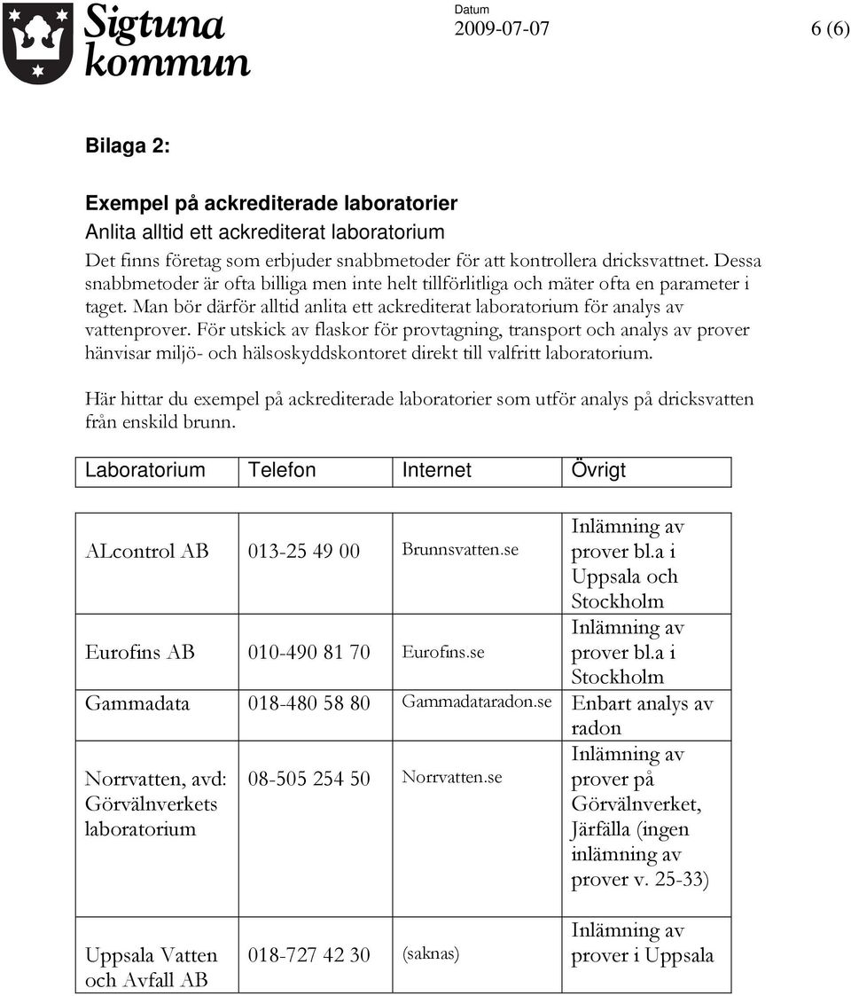 För utskick av flaskor för provtagning, transport och analys av prover hänvisar miljö- och hälsoskyddskontoret direkt till valfritt laboratorium.