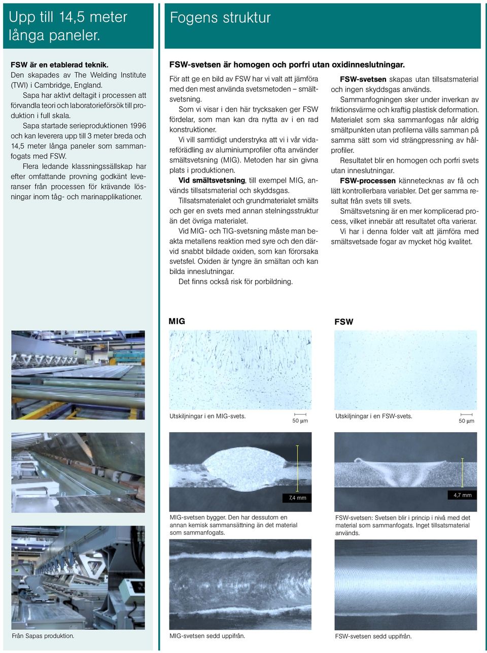 Sapa startade serieproduktionen 1996 och kan leverera upp till 3 meter breda och 14,5 meter långa paneler som sammanfogats med FSW.