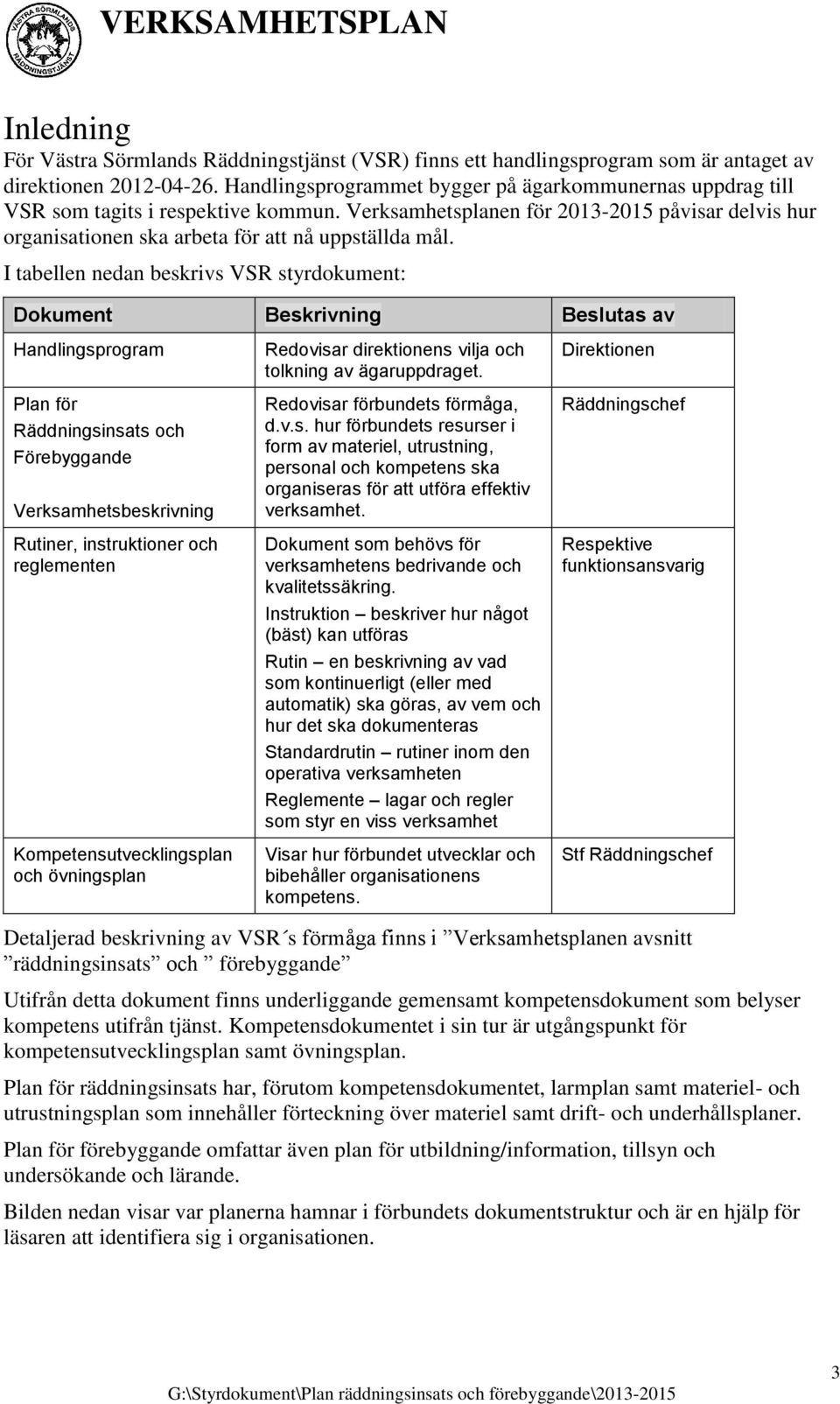 I tabellen nedan beskrivs VSR styrdokument: Dokument Beskrivning Beslutas av Handlingsprogram Plan för Räddningsinsats och Förebyggande Verksamhetsbeskrivning Rutiner, instruktioner och reglementen