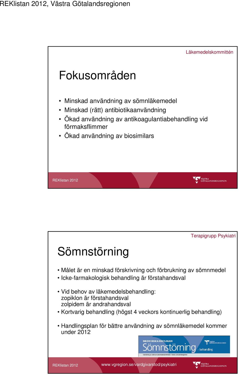 förbrukning av sömnmedel Icke-farmakologisk behandling är förstahandsval Vid behov av läkemedelsbehandling: zopiklon är förstahandsval zolpidem är