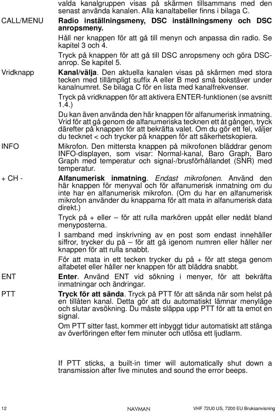 Den aktuella kanalen visas på skärmen med stora tecken med tillämpligt suffi x A eller B med små bokstäver under kanalnumret. Se bilaga C för en lista med kanalfrekvenser.