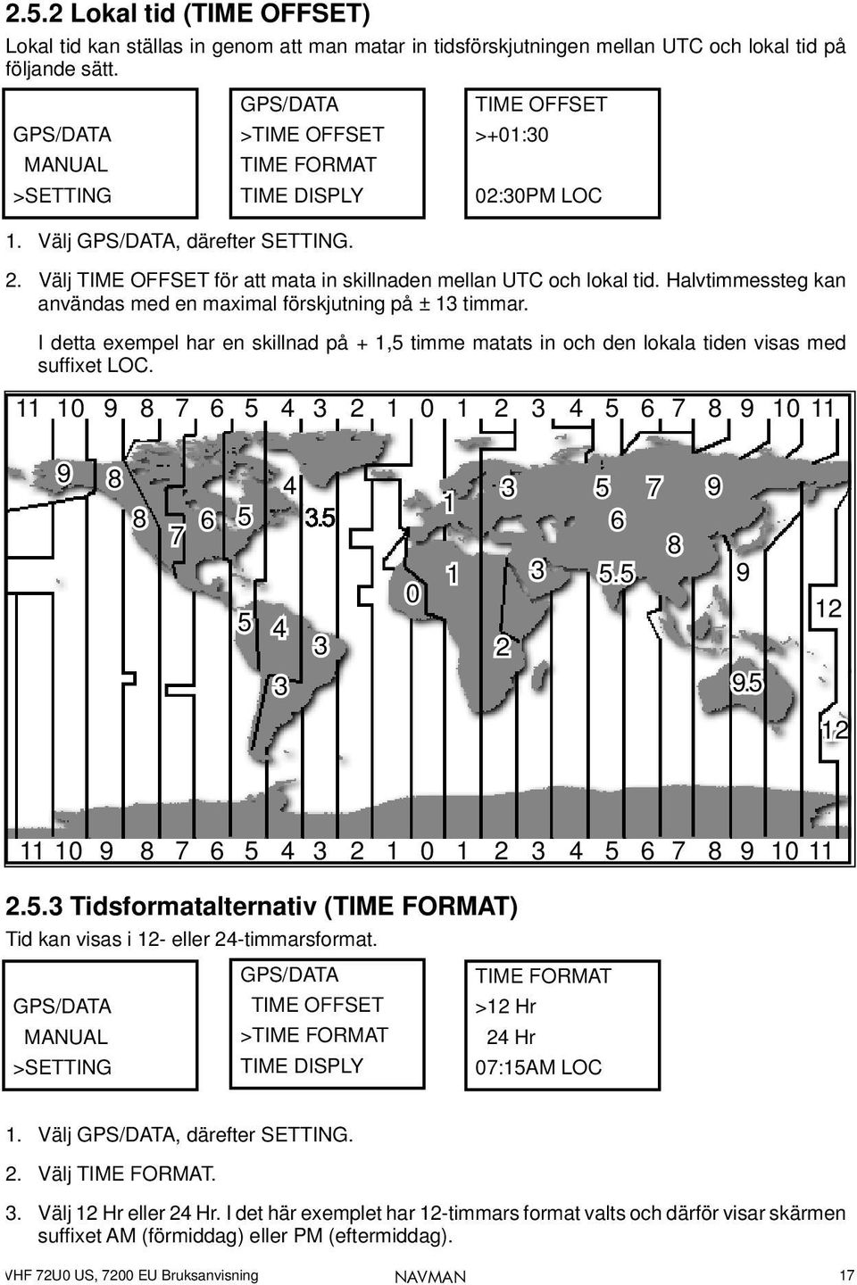 Välj TIME OFFSET för att mata in skillnaden mellan UTC och lokal tid. Halvtimmessteg kan användas med en maximal förskjutning på ± 13 timmar.