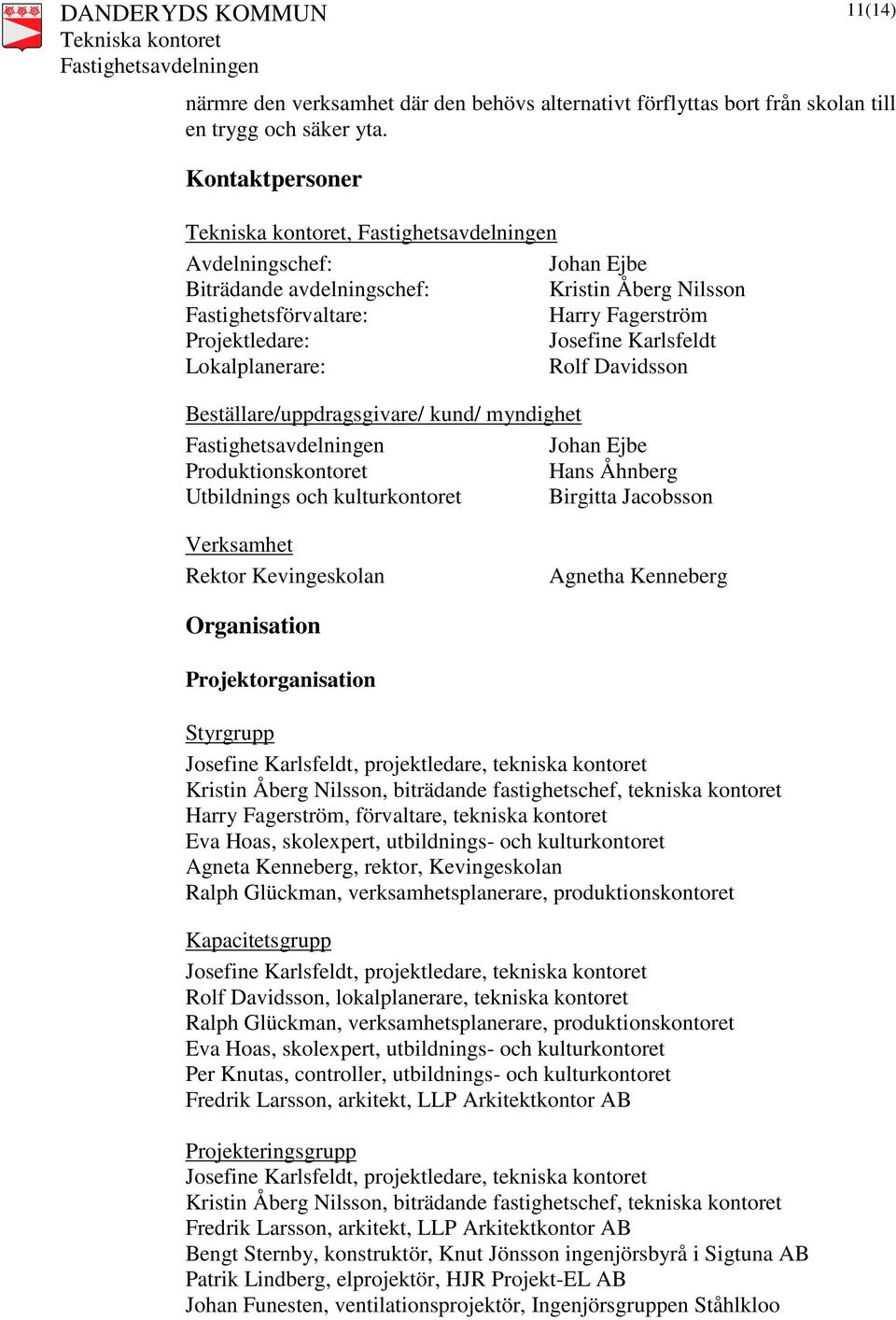 Beställare/uppdragsgivare/ kund/ myndighet Johan Ejbe Produktionskontoret Hans Åhnberg Utbildnings och kulturkontoret Birgitta Jacobsson Verksamhet Rektor Kevingeskolan Agnetha Kenneberg Organisation