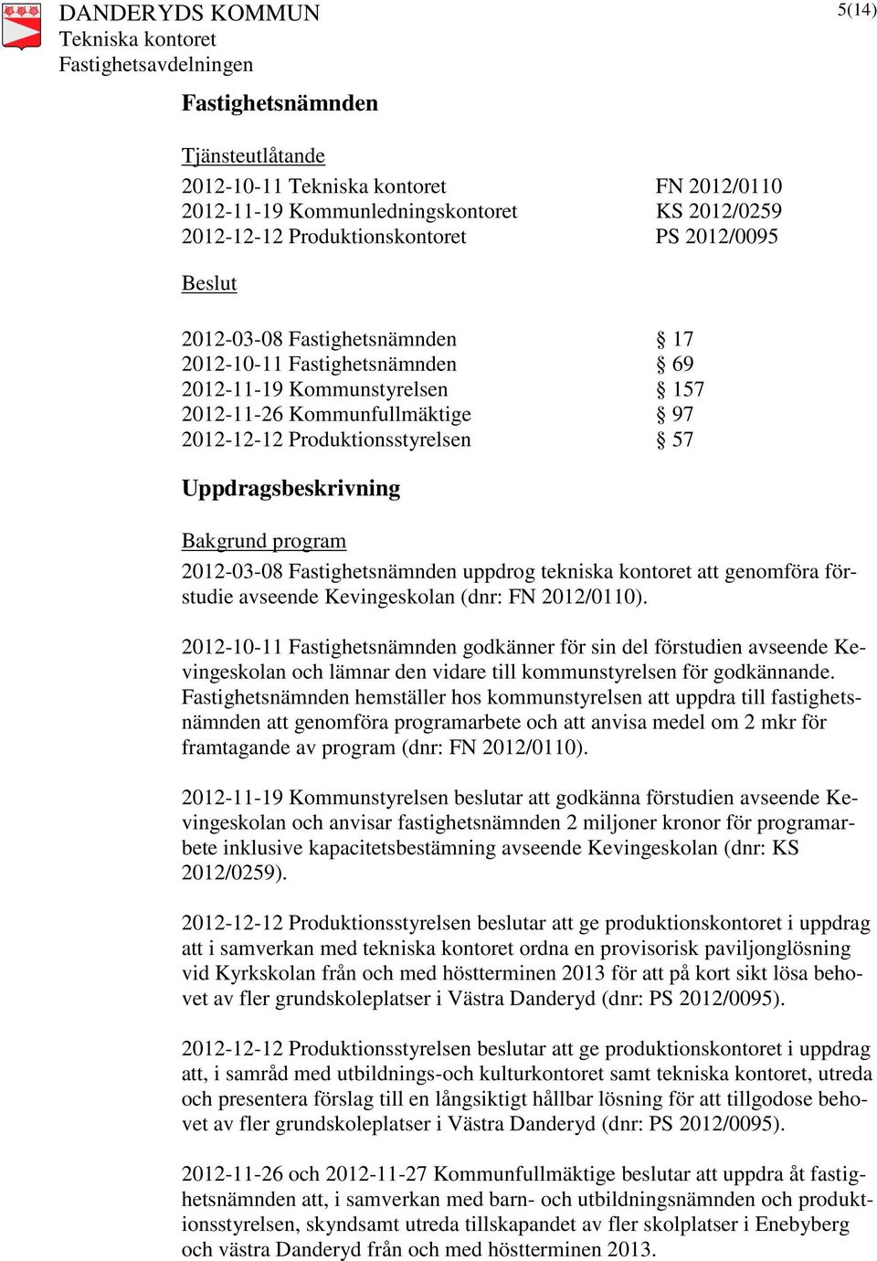 uppdrog tekniska kontoret att genomföra förstudie avseende Kevingeskolan (dnr: FN 2012/0110).