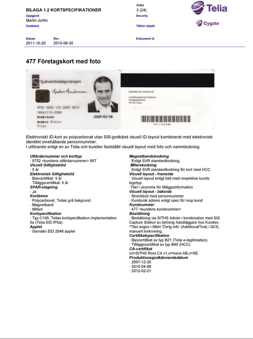 9752 <kundens utfärdarnummer> 857 Ja implementation 5a (Telia EID IP5a).. för kort med HCC Visuell layout enligt bild med respektive kunds logotyp.
