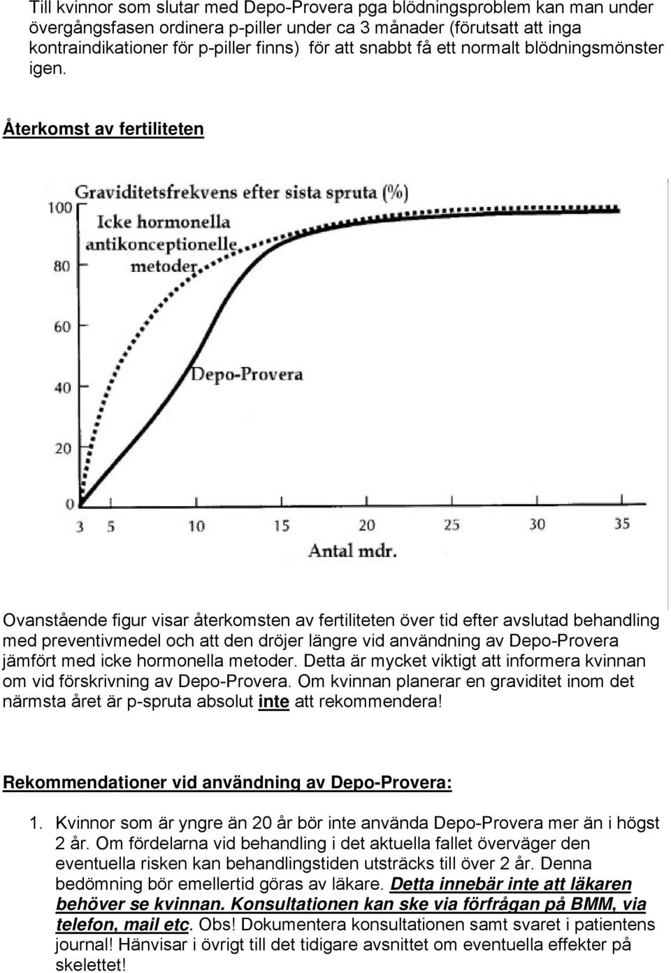 Återkomst av fertiliteten Ovanstående figur visar återkomsten av fertiliteten över tid efter avslutad behandling med preventivmedel och att den dröjer längre vid användning av Depo-Provera jämfört