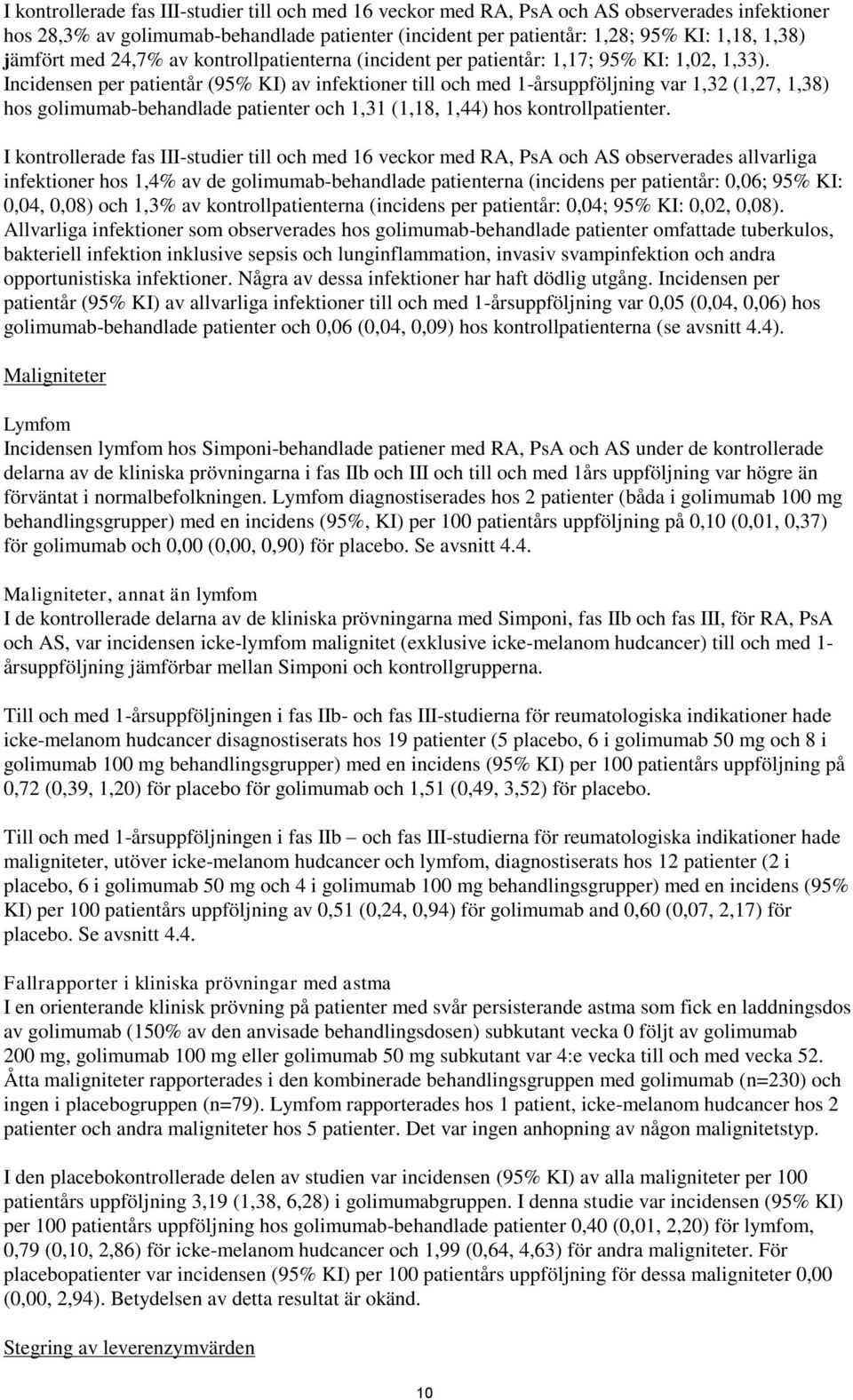 Incidensen per patientår (95% KI) av infektioner till och med 1-årsuppföljning var 1,32 (1,27, 1,38) hos golimumab-behandlade patienter och 1,31 (1,18, 1,44) hos kontrollpatienter.