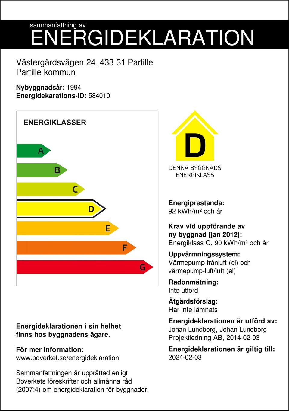 se/energideklaration Krav vid uppförande av ny byggnad [jan 2012]: Energiklass C, 90 /m² och år Uppvärmningssystem: Värmepump-frånluft (el) och värmepump-luft/luft (el) Radonmätning: Inte