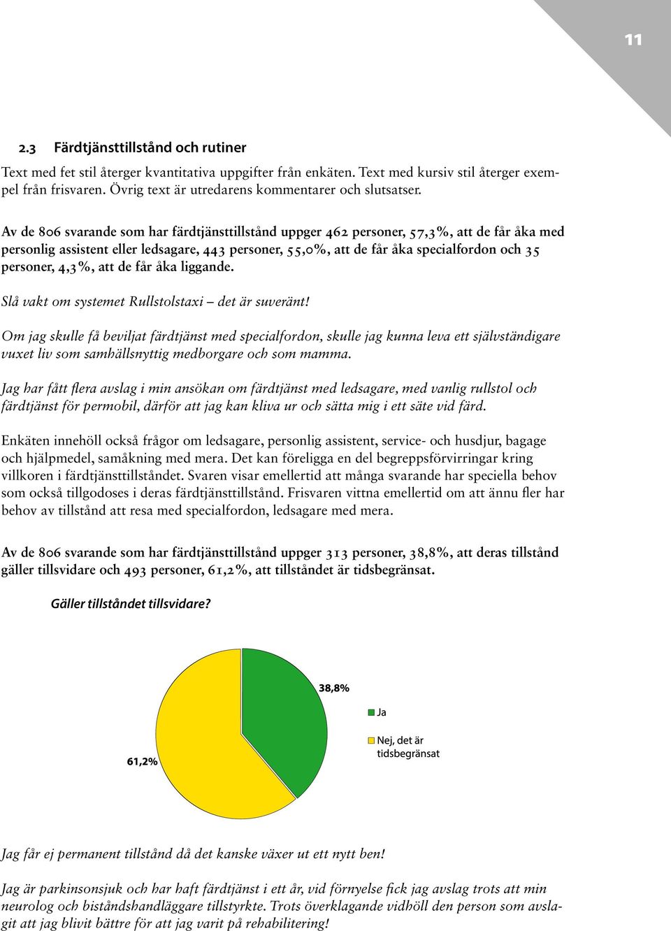 Av de 806 svarande som har färdtjänsttillstånd uppger 462 personer, 57,3%, att de får åka med personlig assistent eller ledsagare, 443 personer, 55,0%, att de får åka specialfordon och 35 personer,