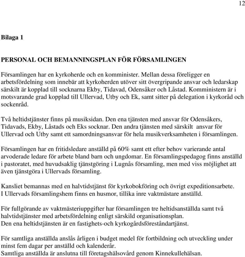 Komministern är i motsvarande grad kopplad till Ullervad, Utby och Ek, samt sitter på delegation i kyrkoråd och sockenråd. Två heltidstjänster finns på musiksidan.