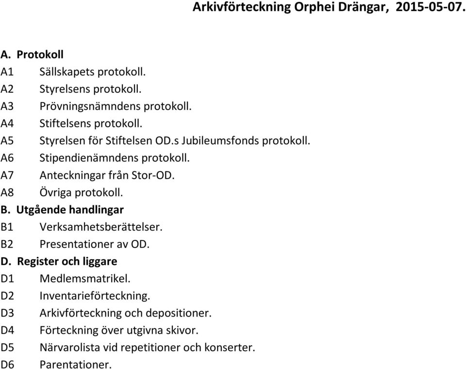 A7 Anteckningar från Stor-OD. A8 Övriga protokoll. B. Utgående handlingar B1 Verksamhetsberättelser. B2 Presentationer av OD. D.