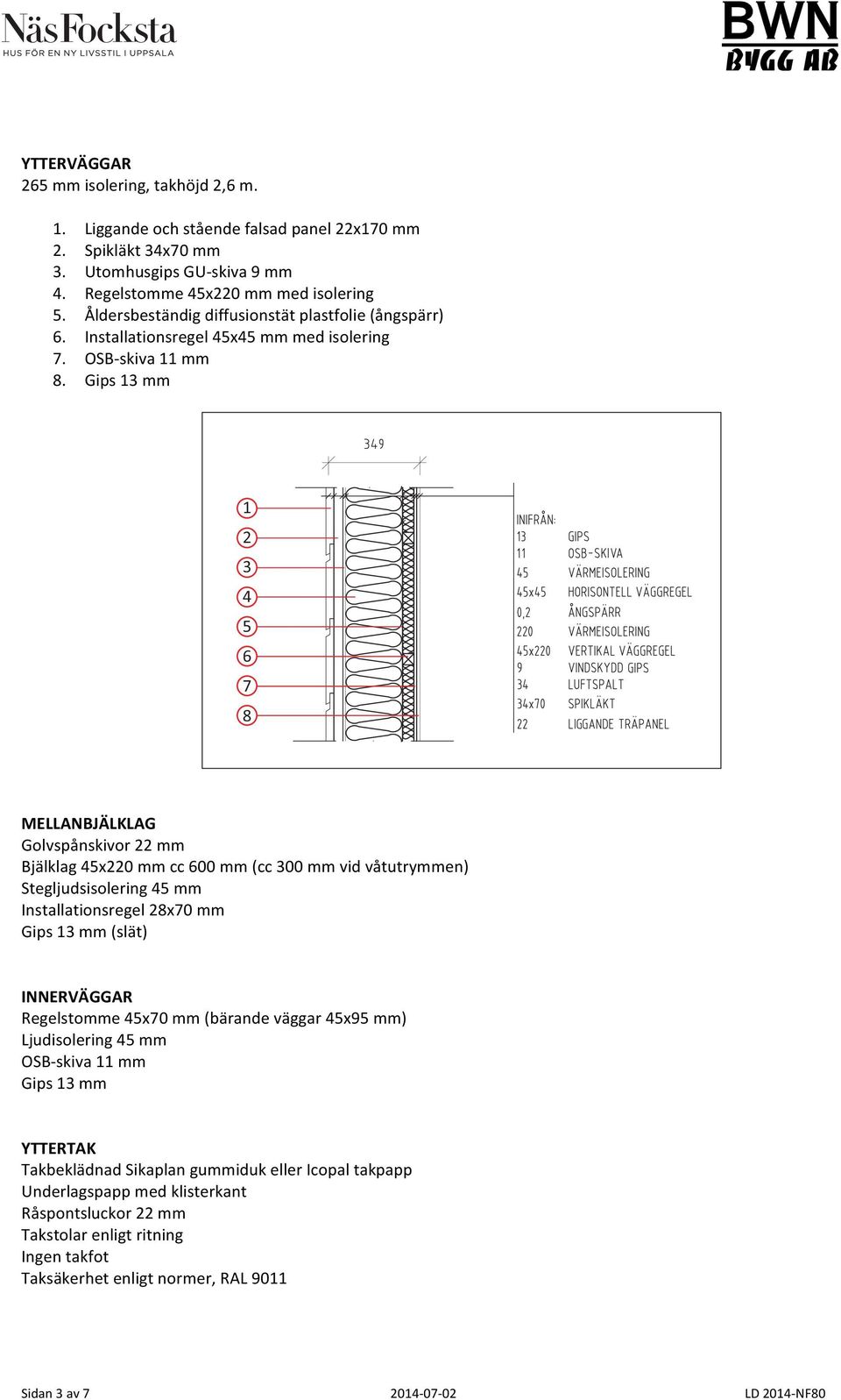 Gips 13 mm 1 2 3 4 5 6 7 8 MELLANBJÄLKLAG Golvspånskivor 22 mm Bjälklag 45x220 mm cc 600 mm (cc 300 mm vid våtutrymmen) Stegljudsisolering 45 mm Installationsregel 28x70 mm Gips 13 mm (slät)