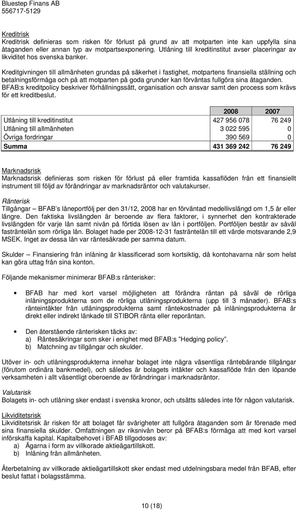 Kreditgivningen till allmänheten grundas på säkerhet i fastighet, motpartens finansiella ställning och betalningsförmåga och på att motparten på goda grunder kan förväntas fullgöra sina åtaganden.