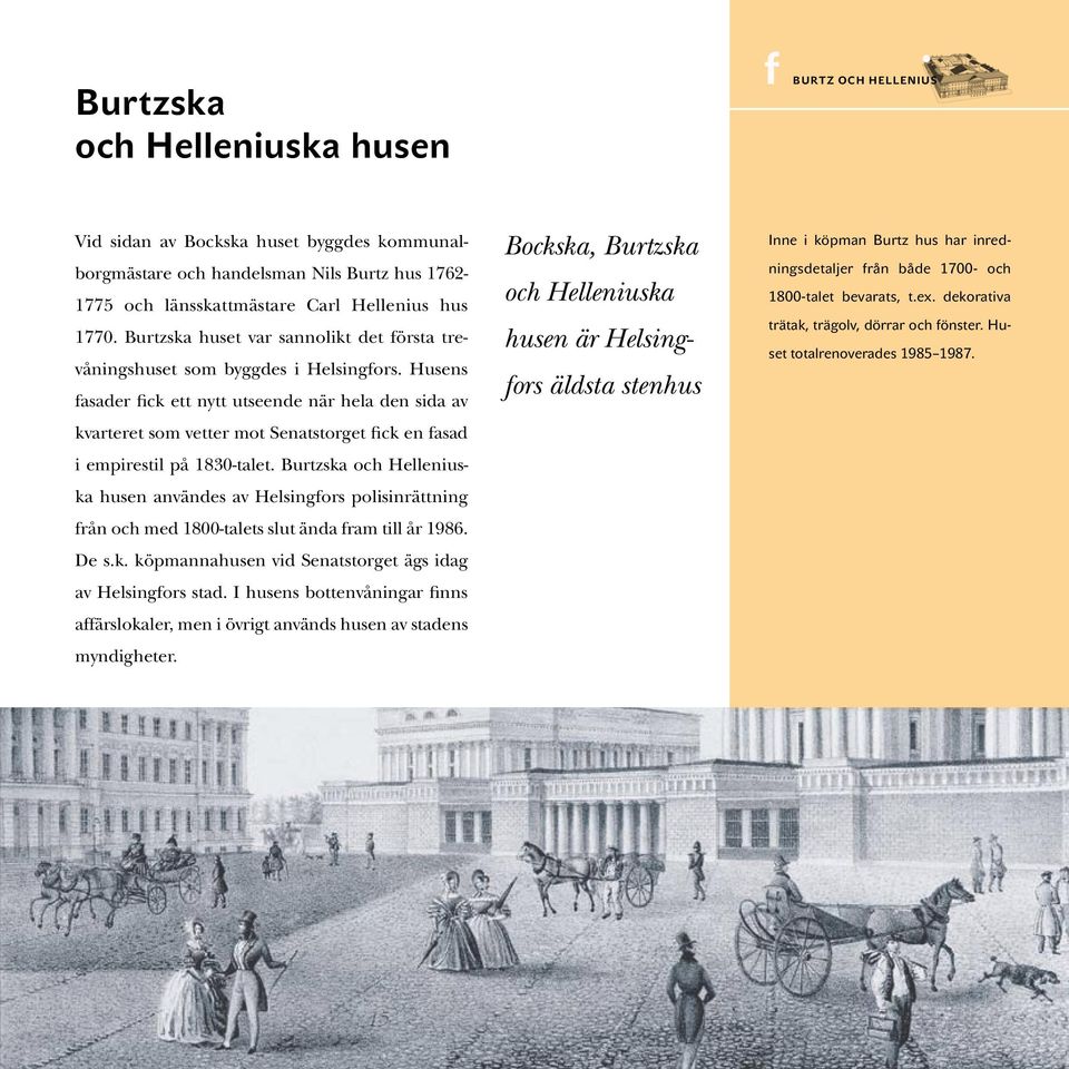 Husens fasader fick ett nytt utseende när hela den sida av kvarteret som vetter mot Senatstorget fick en fasad i empirestil på 1830-talet.