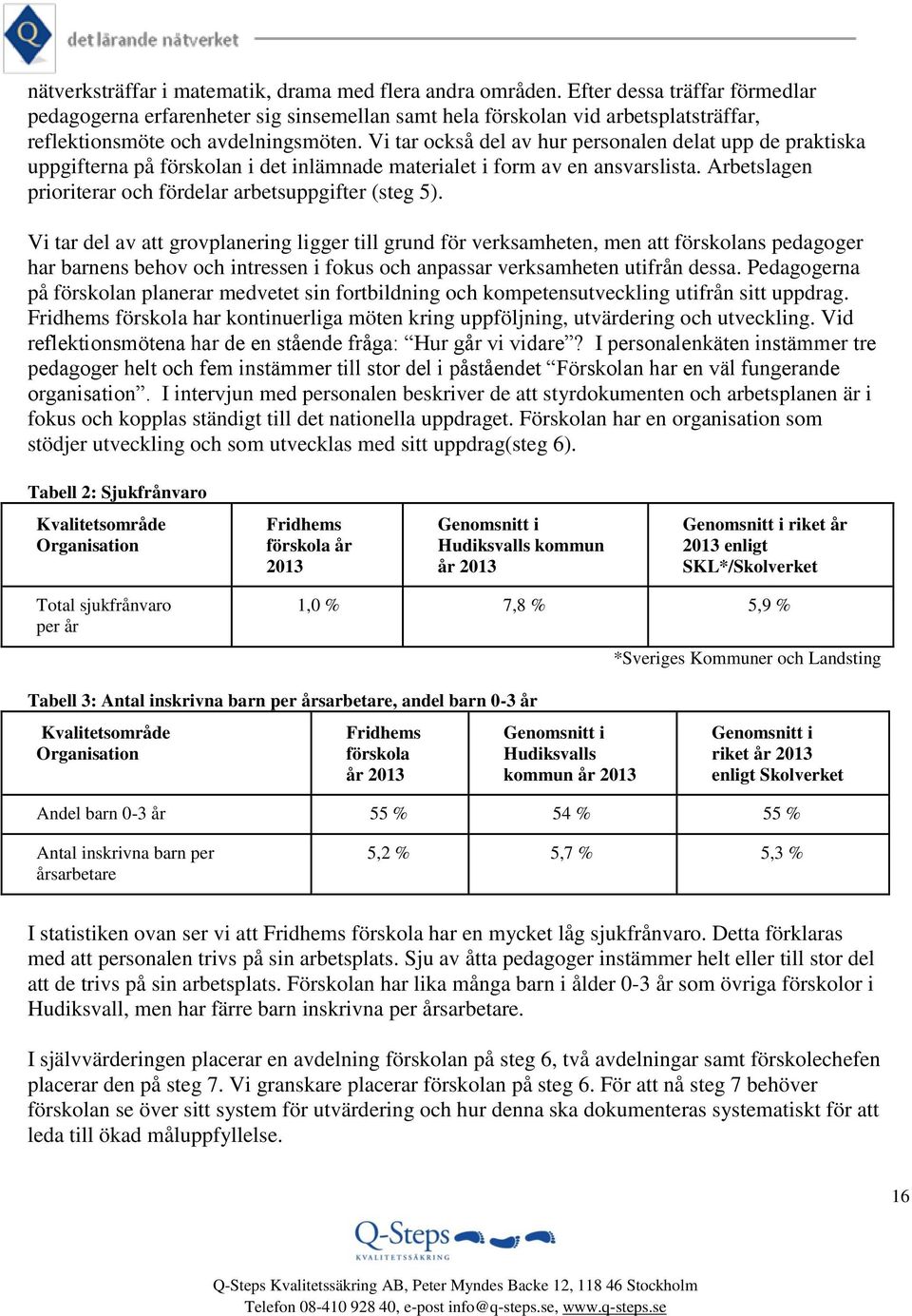 Vi tar också del av hur personalen delat upp de praktiska uppgifterna på förskolan i det inlämnade materialet i form av en ansvarslista. Arbetslagen prioriterar och fördelar arbetsuppgifter (steg 5).