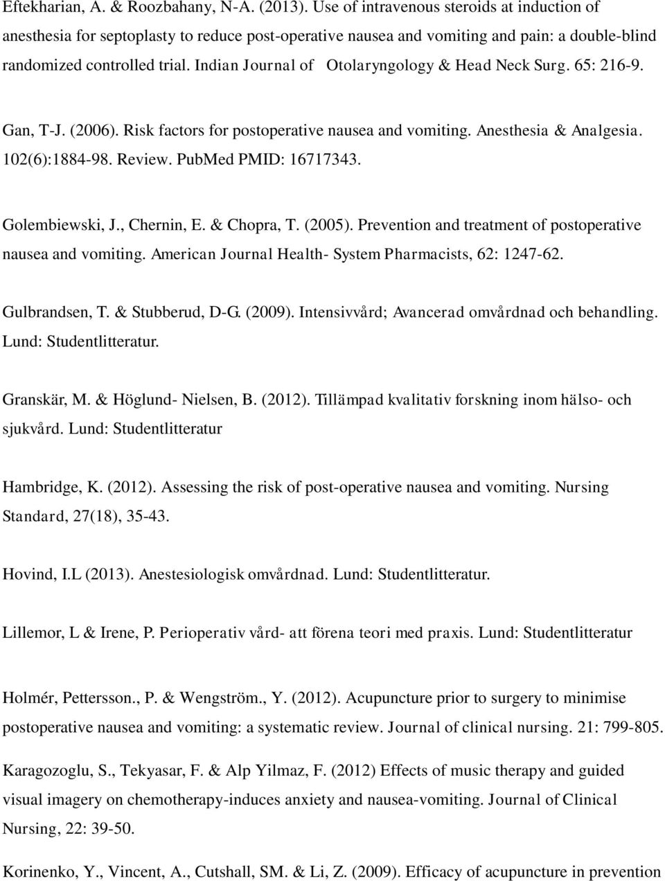 Indian Journal of Otolaryngology & Head Neck Surg. 65: 216-9. Gan, T-J. (2006). Risk factors for postoperative nausea and vomiting. Anesthesia & Analgesia. 102(6):1884-98. Review.