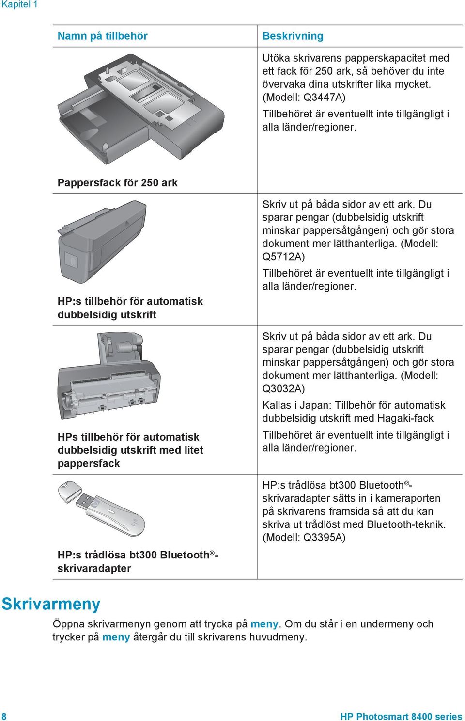 Pappersfack för 250 ark HP:s tillbehör för automatisk dubbelsidig utskrift HPs tillbehör för automatisk dubbelsidig utskrift med litet pappersfack HP:s trådlösa bt300 Bluetooth - skrivaradapter Skriv