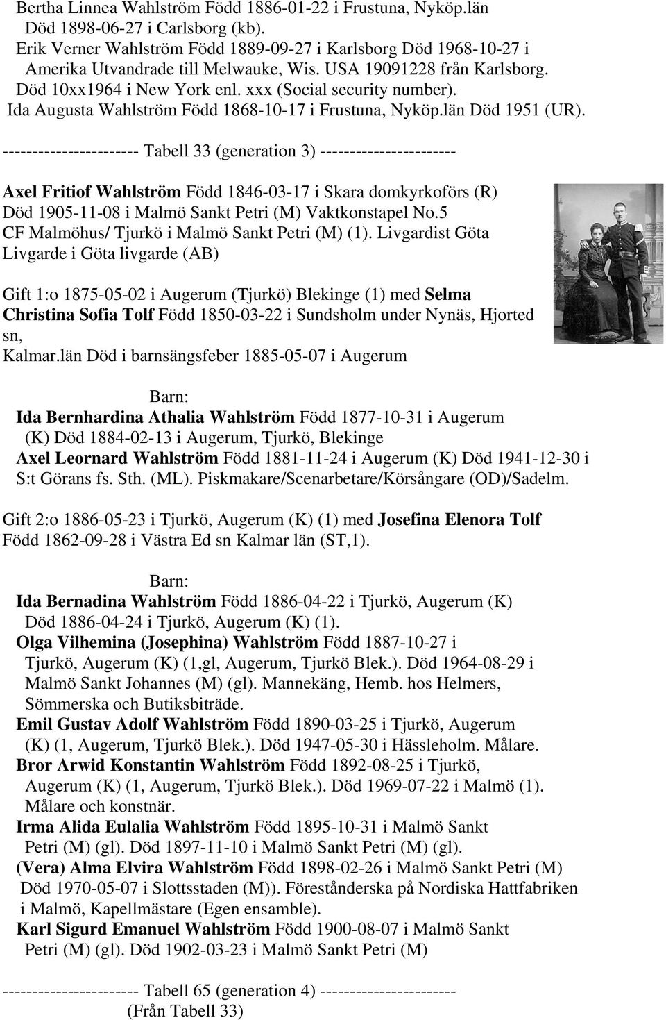 ----------------------- Tabell 33 (generation 3) ----------------------- Axel Fritiof Wahlström Född 1846-03-17 i Skara domkyrkoförs (R) Död 1905-11-08 i Malmö Sankt Petri (M) Vaktkonstapel No.