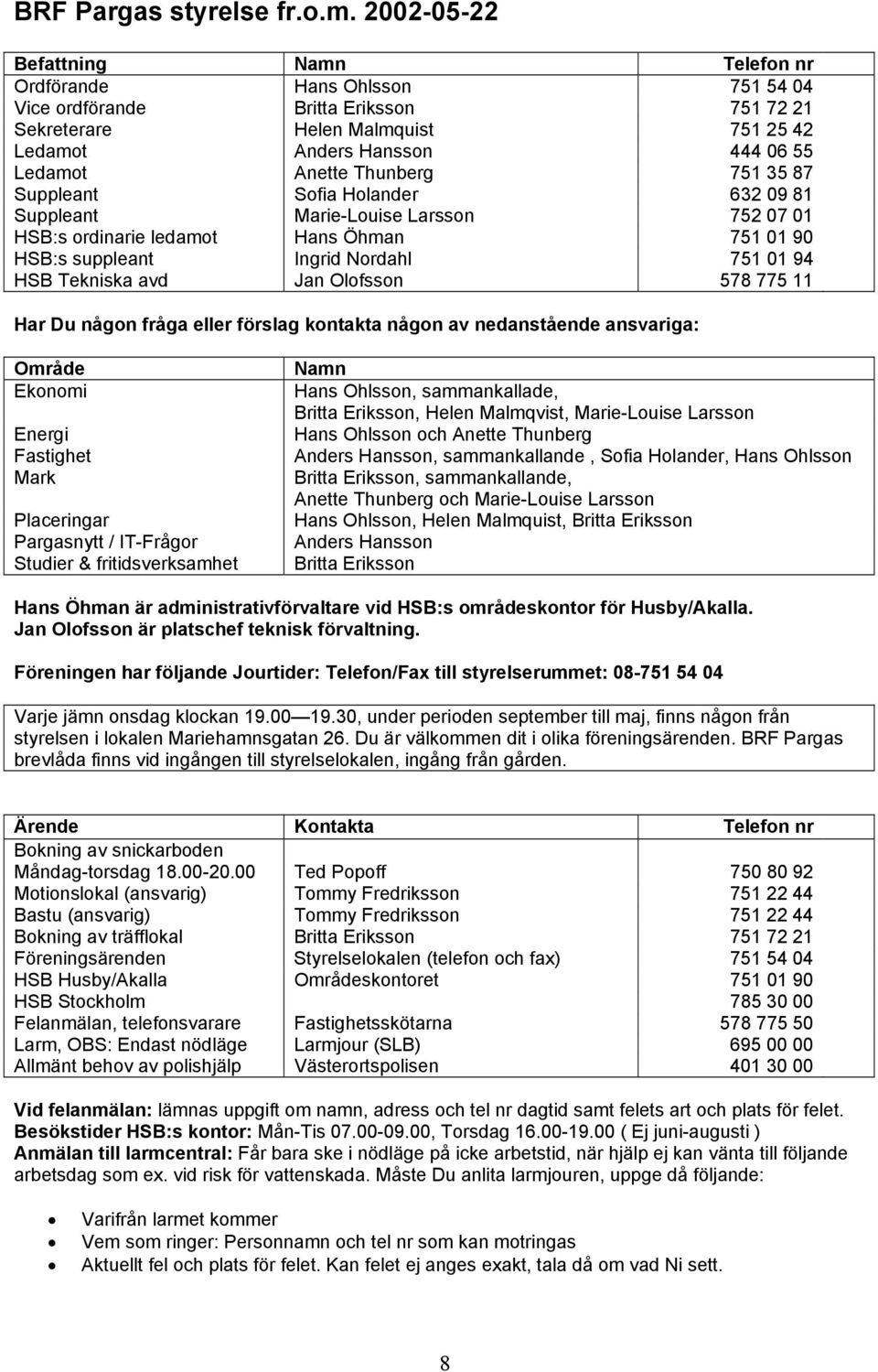 Thunberg 751 35 87 Suppleant Sofia Holander 632 09 81 Suppleant Marie-Louise Larsson 752 07 01 HSB:s ordinarie ledamot Hans Öhman 751 01 90 HSB:s suppleant Ingrid Nordahl 751 01 94 HSB Tekniska avd