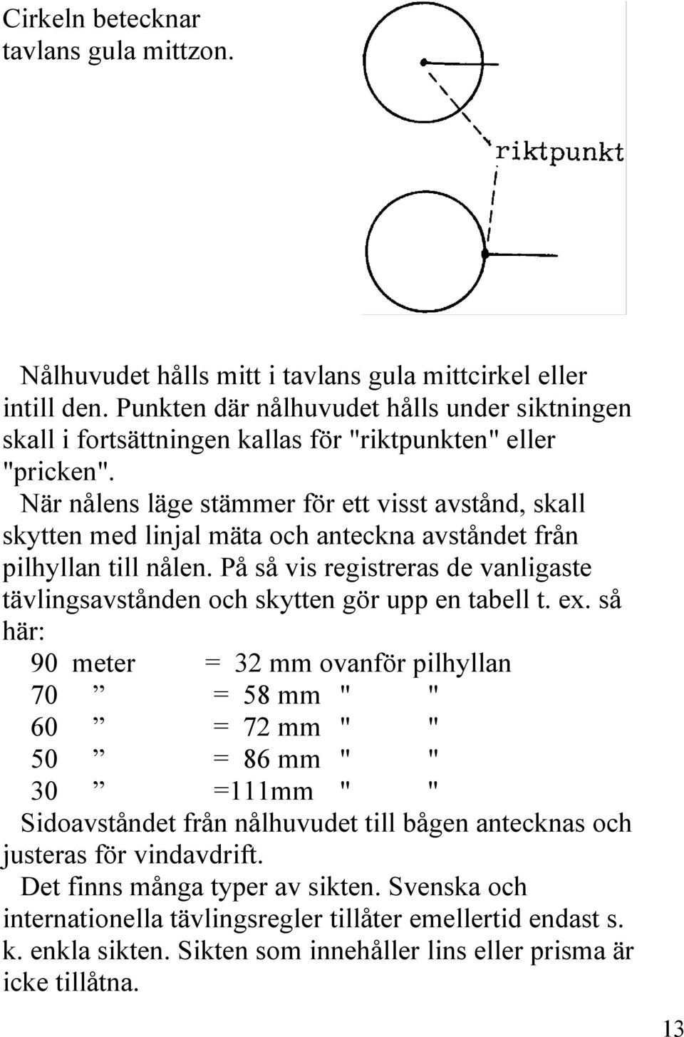 När nålens läge stämmer för ett visst avstånd, skall skytten med linjal mäta och anteckna avståndet från pilhyllan till nålen.