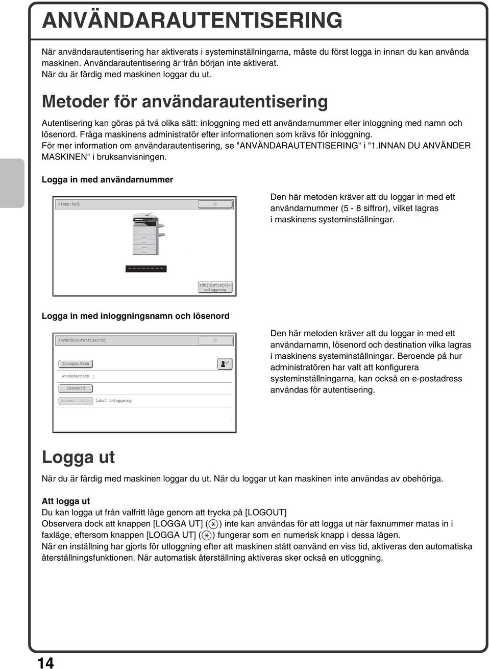 Fråga maskinens administratör efter informationen som krävs för inloggning. För mer information om användarautentisering, se "ANVÄNDARAUTENTISERING" i "1.