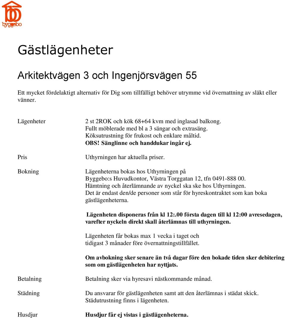 Sänglinne och handdukar ingår ej. Uthyrningen har aktuella priser. Lägenheterna bokas hos Uthyrningen på Byggebo:s Huvudkontor, Västra Torggatan 12, tfn 0491-888 00.