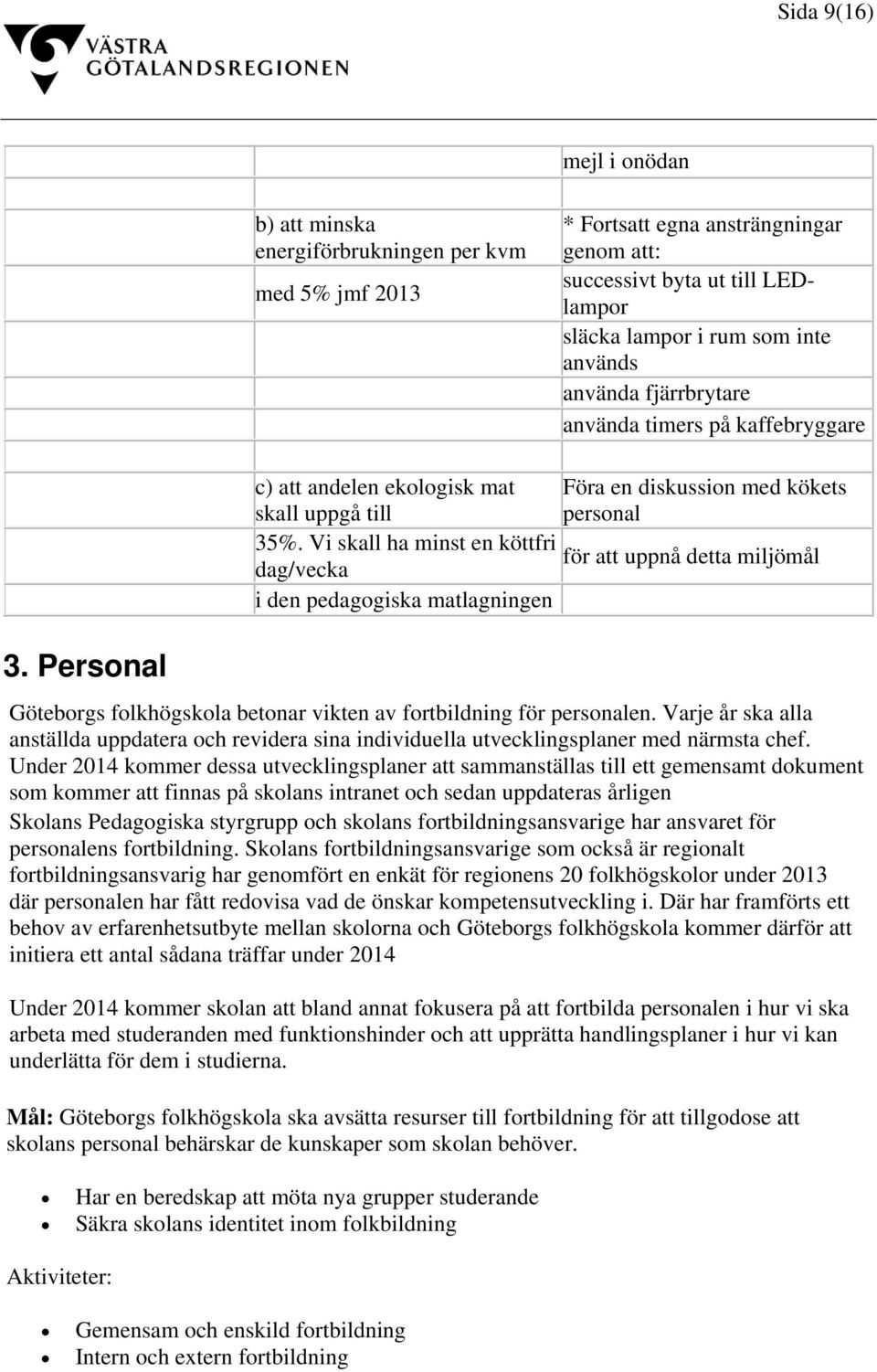 Vi skall ha minst en köttfri för att uppnå detta miljömål dag/vecka i den pedagogiska matlagningen Göteborgs folkhögskola betonar vikten av fortbildning för personalen.